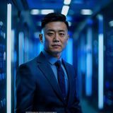华体会体育技术安全总监王浩然，简约商务装扮，背景为服务器机房蓝色灯光，专业感强